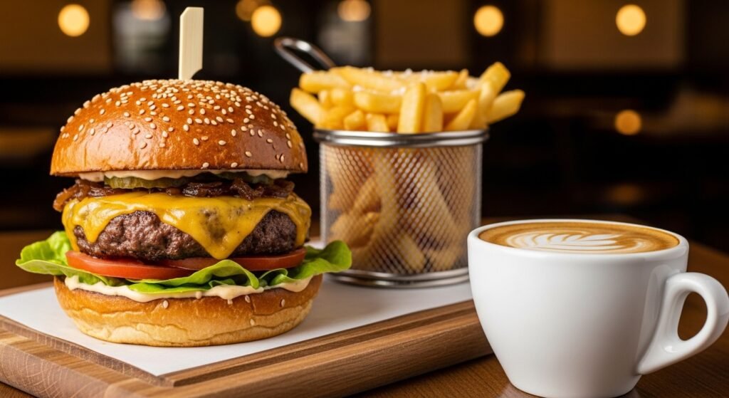 Hambúrguer artesanal e café