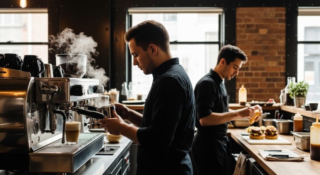 Hambúrguer artesanal e café